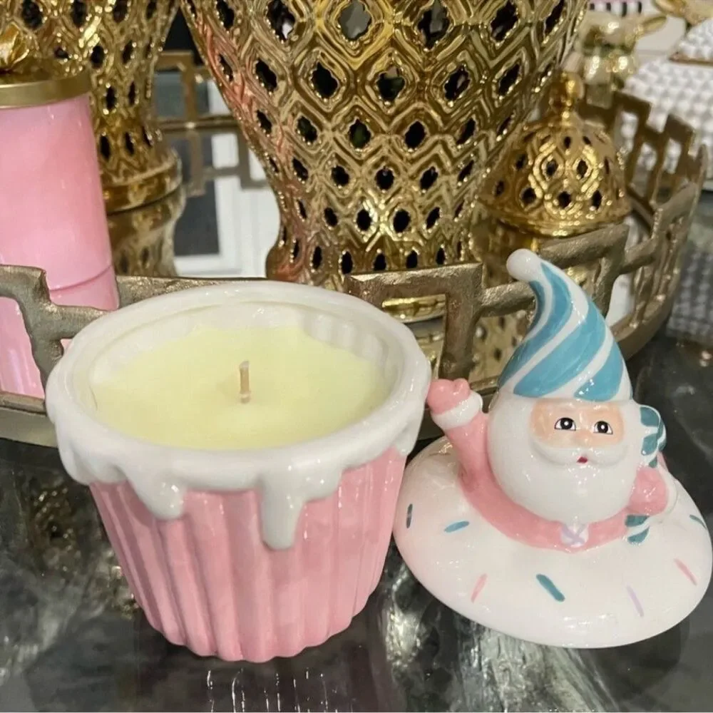 New Pastel Pink and Teal Santa Cupcake Candle